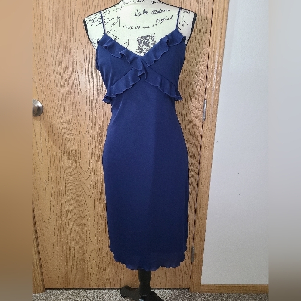 Casual Corner Navy Spaghetti Strap Y2k Style Ruffle Lettuce Trim Midi Slip Dress